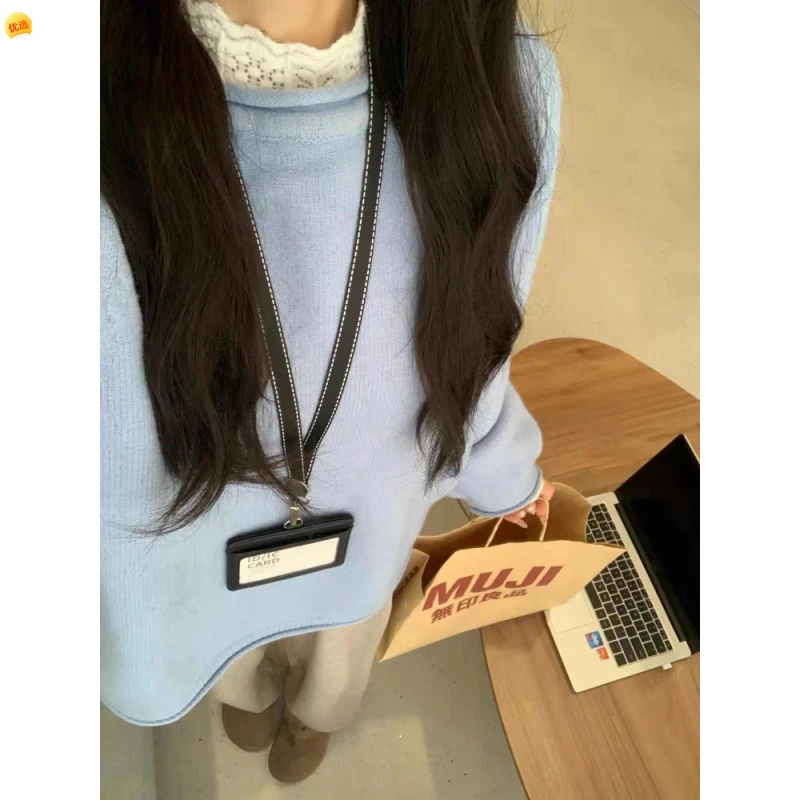 日系慵懒风软糯卷边毛衣新款宽松显瘦长袖气质针织打底衫上衣加厚