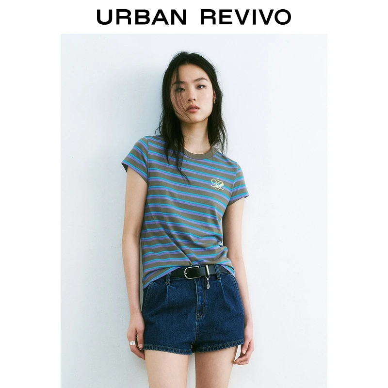 UR2025夏季新款女装休闲运动风条纹球拍图案短袖T恤UYU450073