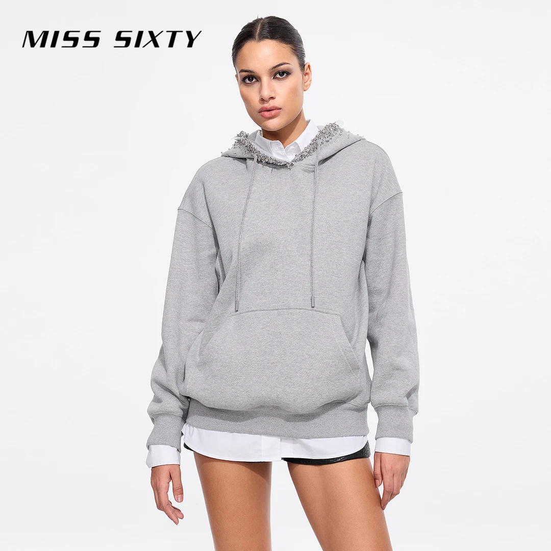 Miss Sixty冬季新款卫衣女重工钉珠宽松连帽抽绳口袋细闪上衣