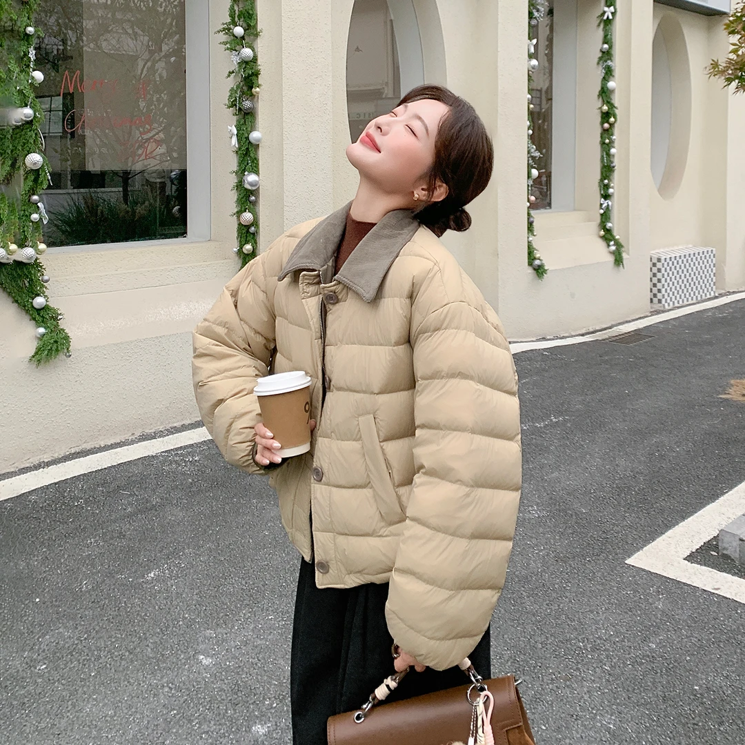 韩系短款两面穿高级排骨羽绒服女2025新款冬季设计感翻领保暖外套