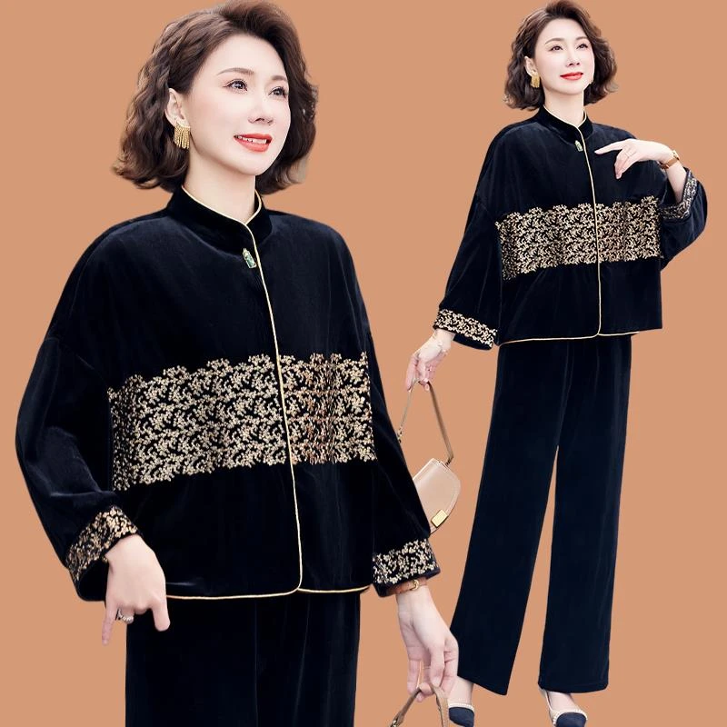 彩羊妈妈春装外套2025新款新中式仿金丝绒套装中老年女春秋大尺码
