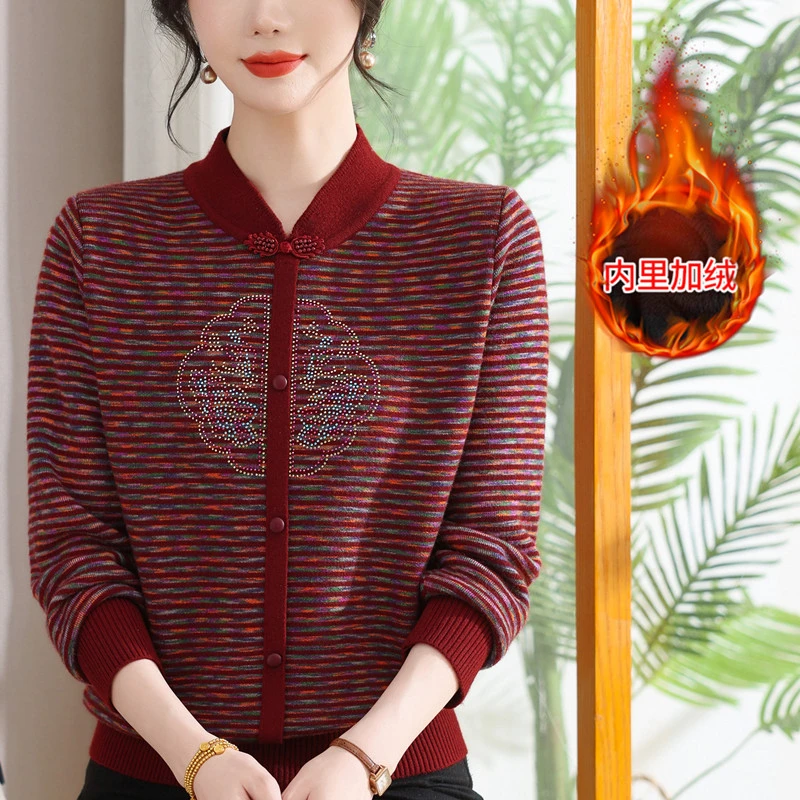 中老年女装秋冬妈妈一体绒毛衣中年妇女加绒加厚打底衫中式国风冬