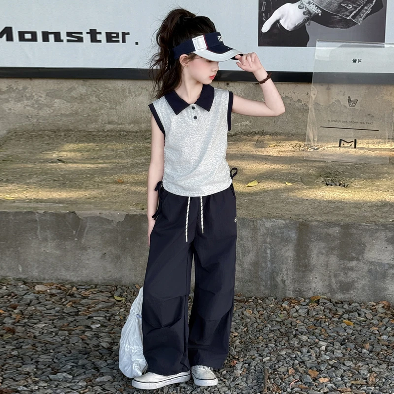 嘻嘻柚】女童夏季韩版无袖POLO领T恤速干轻薄防晒工装伞兵裤两件套