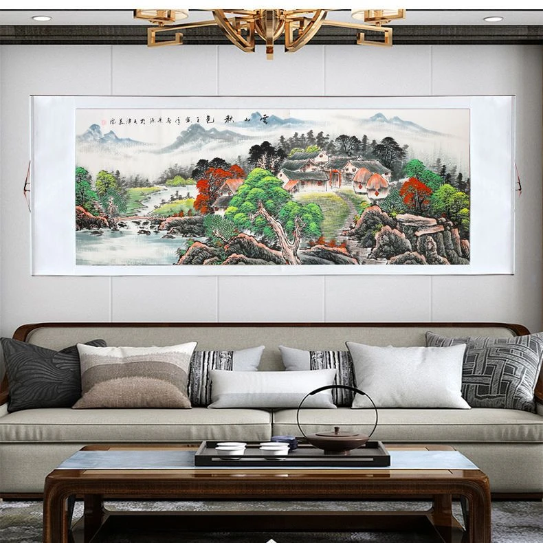 纯手画《雲山秋色》山水聚宝盆靠山风水图卷轴装裱200*70公分