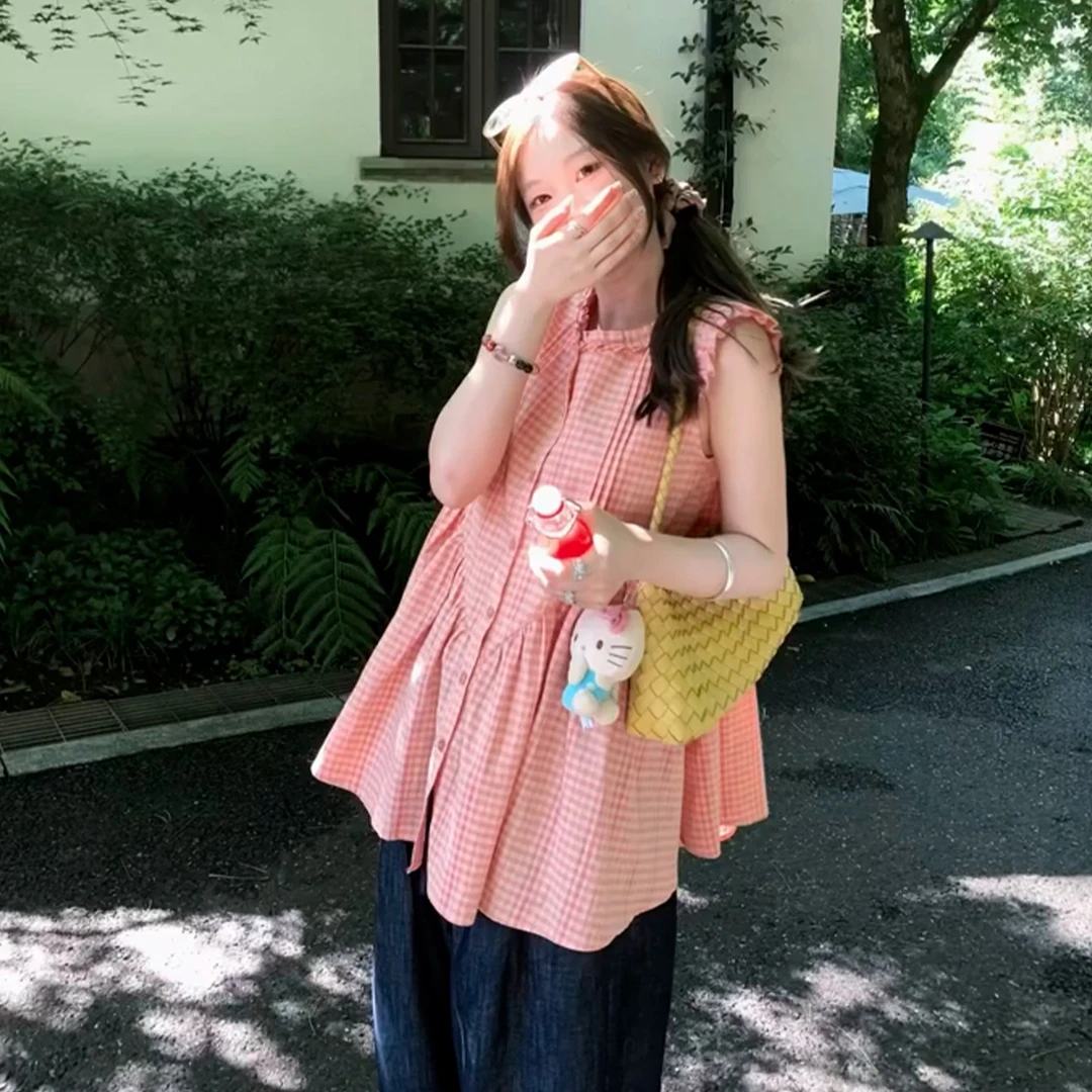 韩系小飞袖格纹粉色背心外穿女夏季2025新款高级感无袖上衣5350