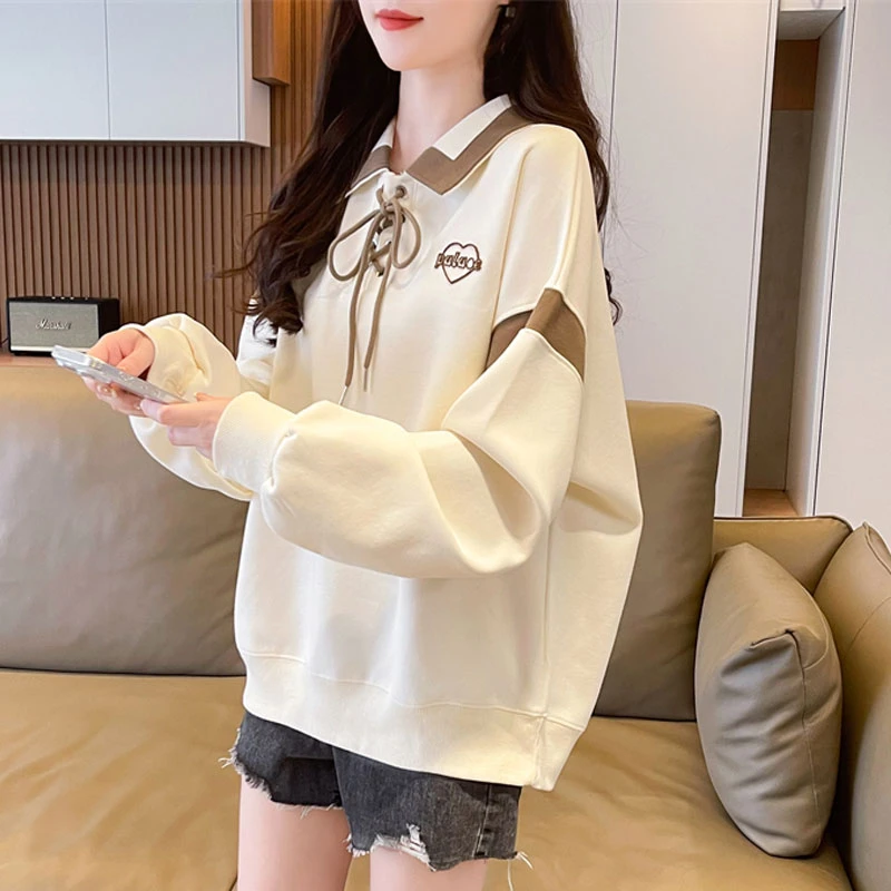 polo领撞色卫衣女春秋薄款2025新款宽松小个子刺绣设计感上衣外套