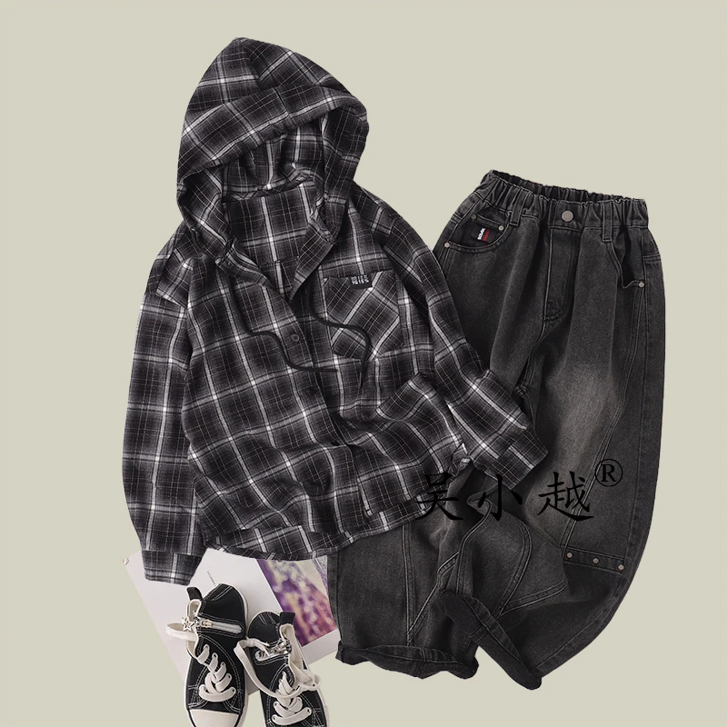 吴小越w1488男童衬衫长袖格子儿童上衣春秋款韩范中大童外套翻领