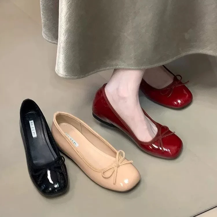 法式红色内增高奶奶鞋芭蕾舞鞋外穿2025新款春夏浅口蝴蝶结单鞋女