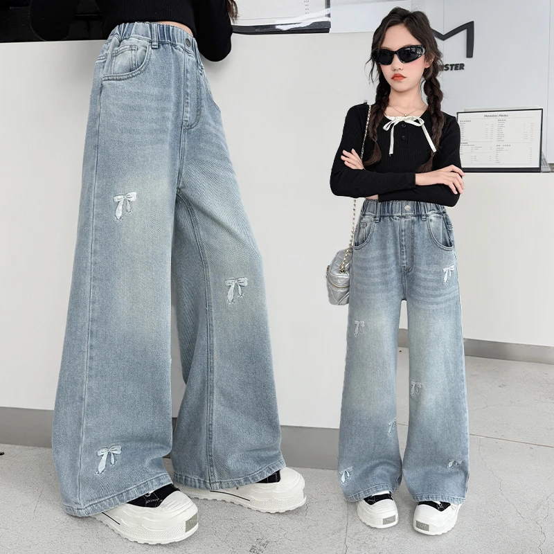 女童裤子牛仔阔腿裤春秋装新款中大童韩版宽松直筒裤秋季休闲长裤