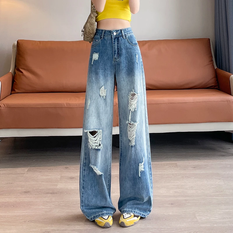 超火渐变色破洞乞丐牛仔裤女士2025夏季高腰宽松小个子阔腿拖地裤