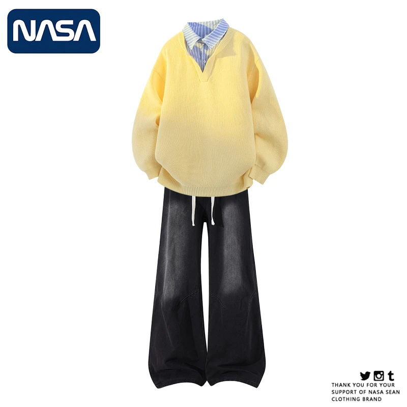 NASA假两件毛衣套装男秋冬宽松休闲肌理感潮流针织衫褶皱牛仔裤潮
