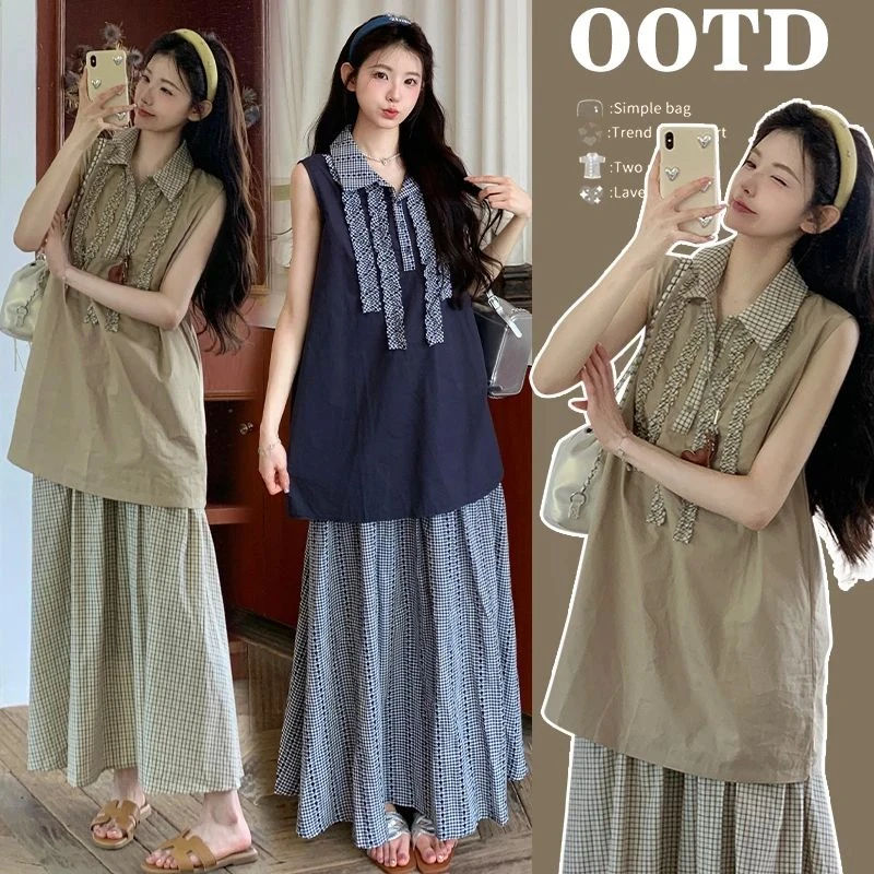 时髦孕妇新款时尚韩版宽松休闲中长款背心上衣显瘦格子半身裙套装