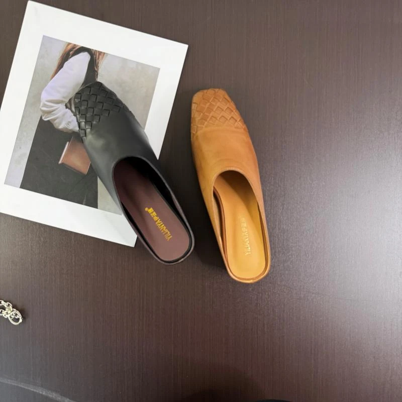 意大利纯羊皮真皮包头半拖鞋女夏季外穿平底鞋子女爆款编织2025款
