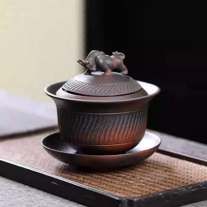 牛转乾坤紫陶三才盖碗陶瓷茶具纯手工跳刀家用简约高档复古瓷盖碗