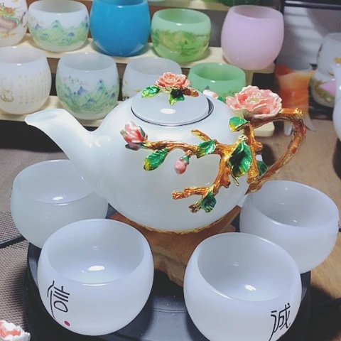 琉璃中式珐琅彩牡丹花一壶六杯礼盒套装