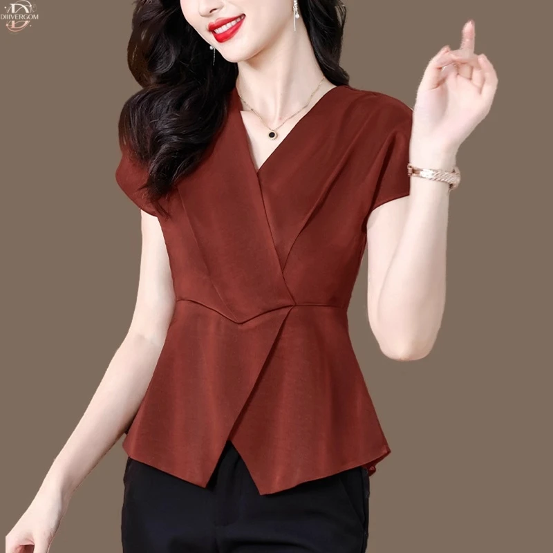 醋酸缎面衬衫女夏季气质收腰上衣法式时尚别致高级感百搭v领小衫