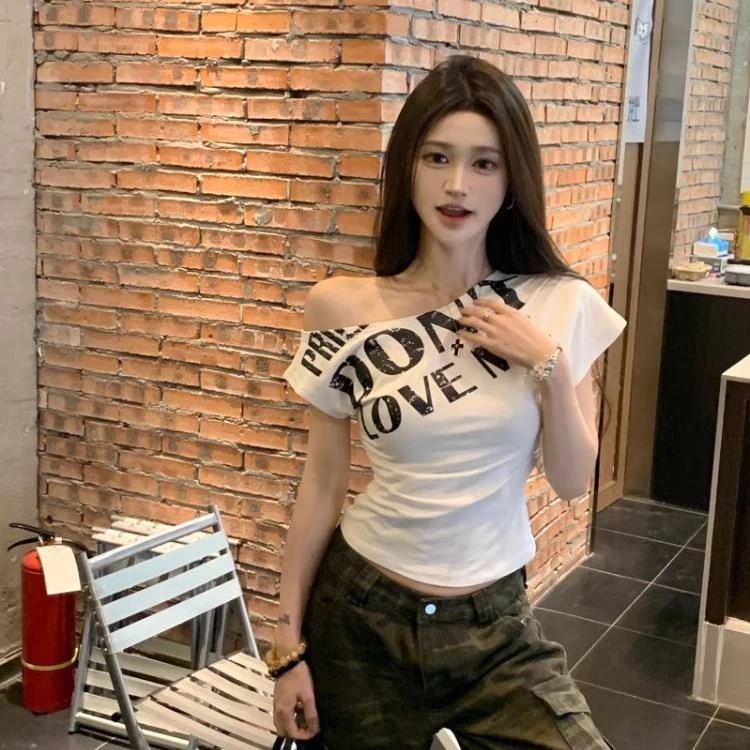 【6-8运补】美式辣妹ins字母印花2025收腰夏季上衣短袖t恤+白色圆领