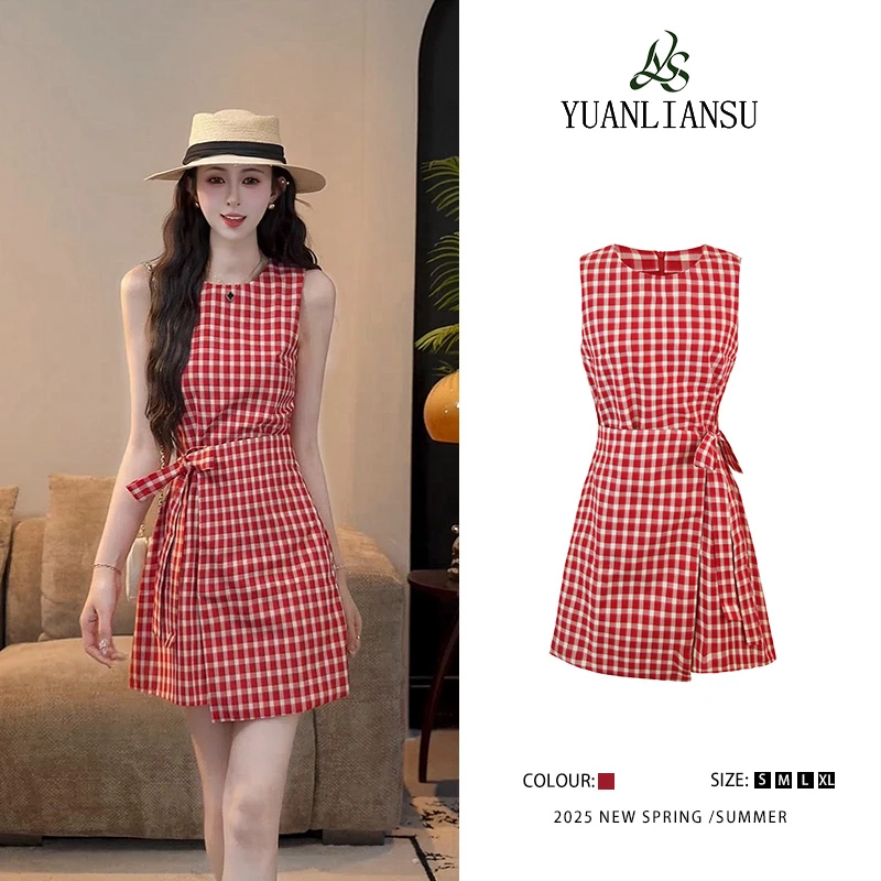 YUANLIANSU/圆脸酥【蝶影醉梦】夏季港风复古红色格子无袖连衣裙女