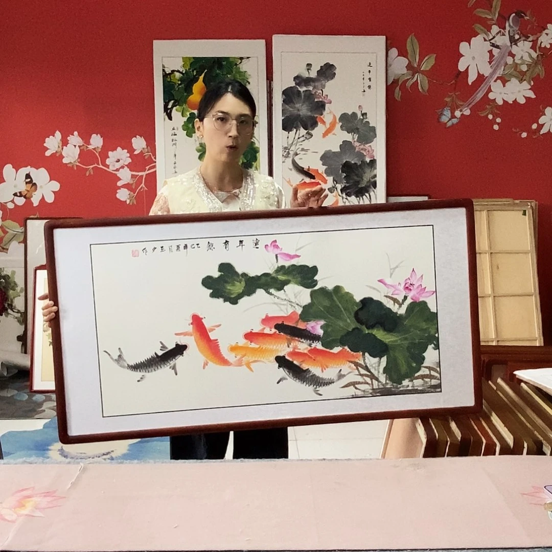 国画手写手绘国画作品带框包邮62✖️122