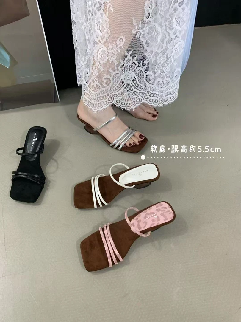 法式气质方头坡跟凉拖鞋细带设计露趾高跟鞋夏季仙女鞋T08-03