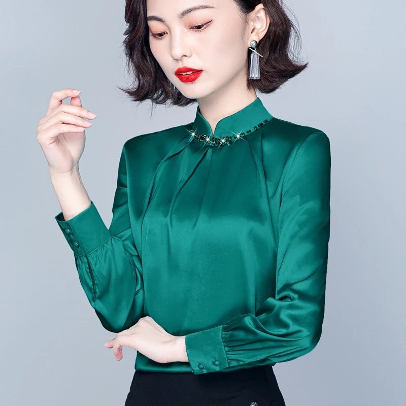 品牌真丝衬衫女春秋新款高端桑蚕丝缎面中年妈妈时尚立领气质上衣