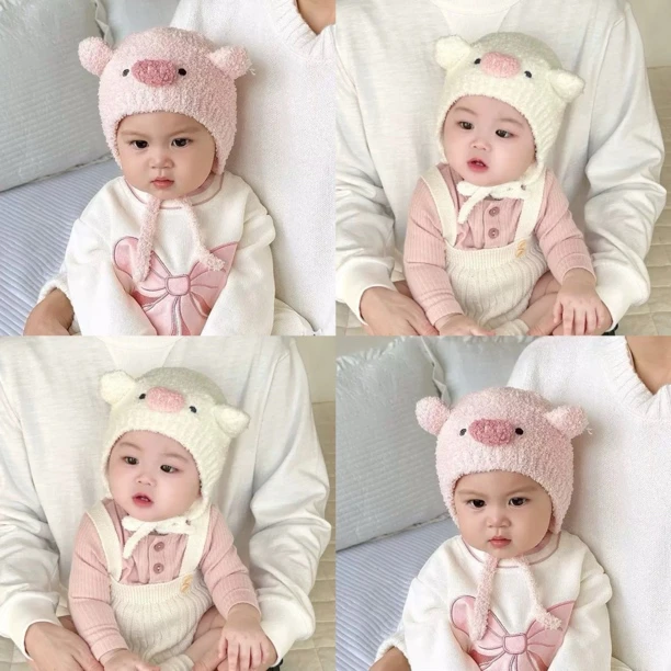婴儿帽子秋冬季保暖女童毛绒帽可爱小猪男童外出防风帽宝宝护耳帽