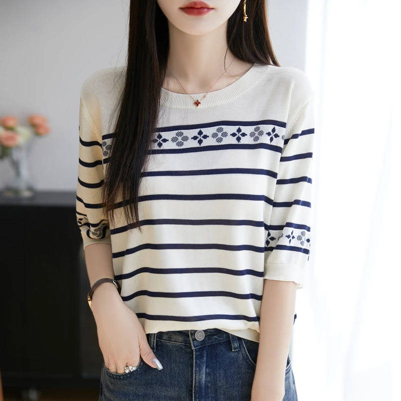 天丝针织短袖条纹T恤女2025夏薄款透气法式高级感小衫正肩t恤上衣