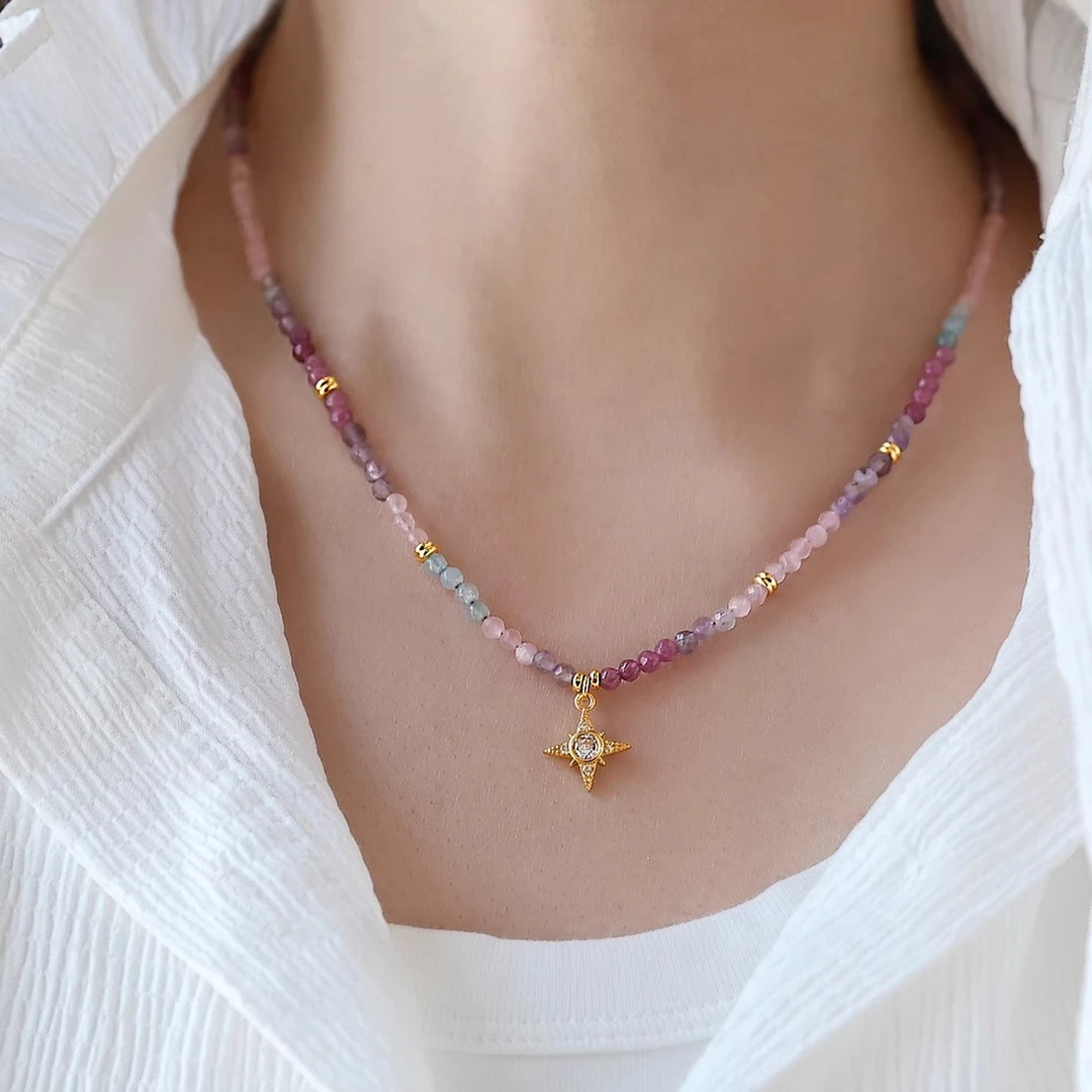 铜合金项链 高品质~紫色串珠项链女小众轻奢高级感甜美星星锁骨链