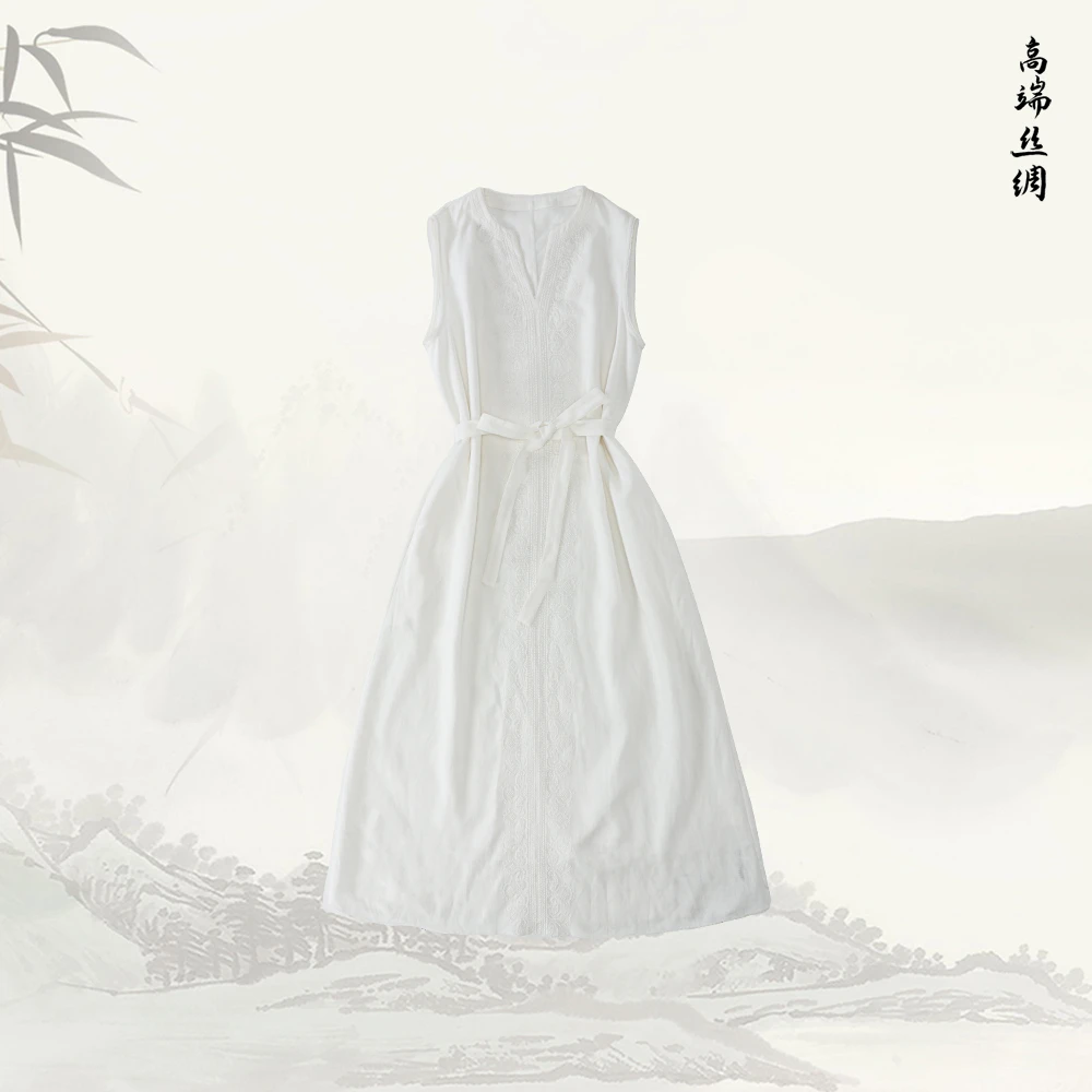 陌妆中式时尚V领亚麻刺绣无袖连衣裙527010
