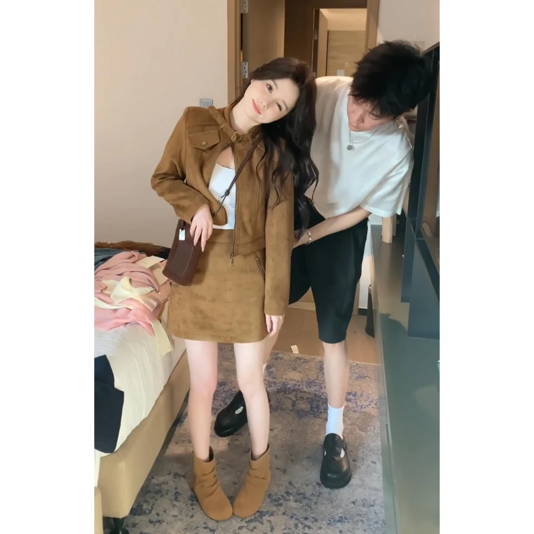 姐系贵感套装早秋高级感鹿皮绒美拉德覆古机车夹克外套半裙两件套