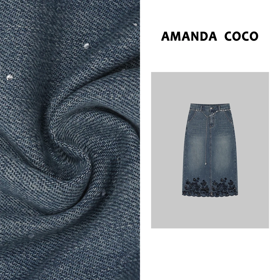 AMANDACOCO茜茜丨蓝调叙事～重工烫钻镂空花朵刺绣气质牛仔半裙
