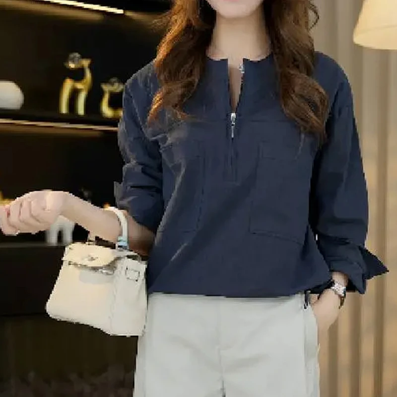 韩版极简风纯色抽褶下摆显瘦百搭长袖衬衫设计感双口袋半拉链上衣