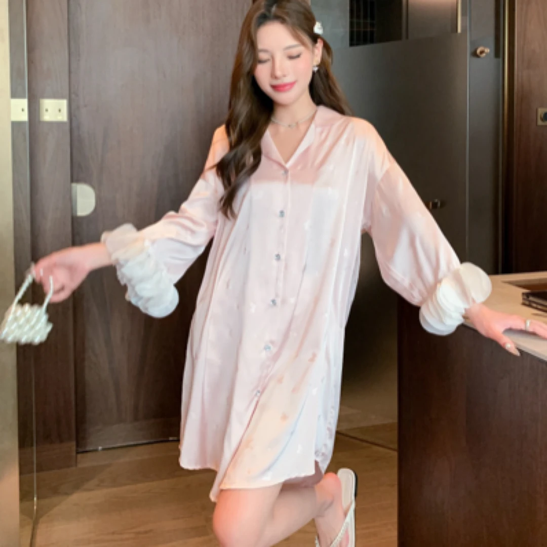 透气翻领衬衫领舒适甜美可外穿薄款仙女风无领中裙花边睡裙宽松