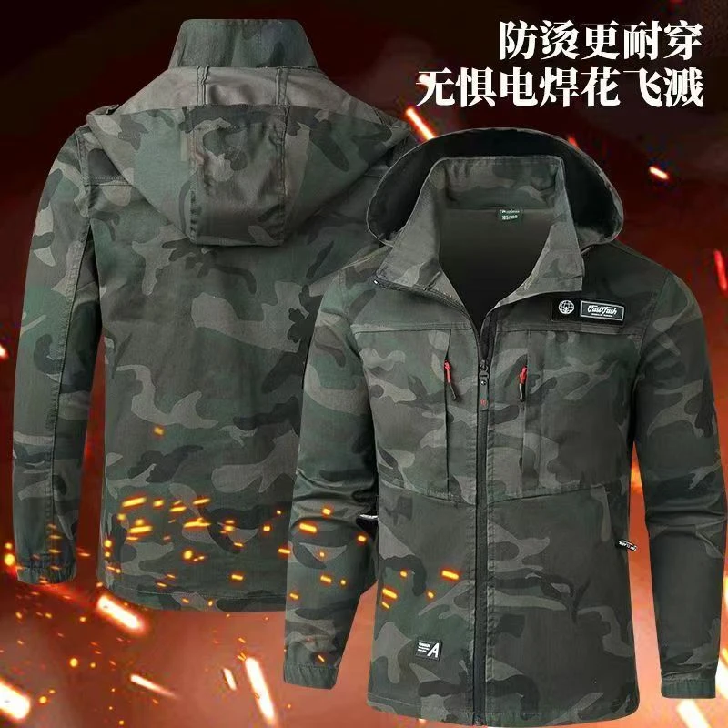 春秋款连帽迷彩服装弹力户外工作服防烫耐磨防风大码男士工装
