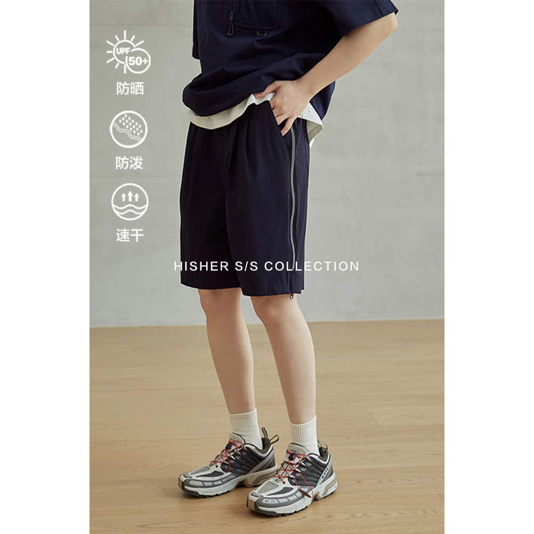 HISHER出柜小个子中性风 户外防泼水侧边可调节透气网眼拉链短裤