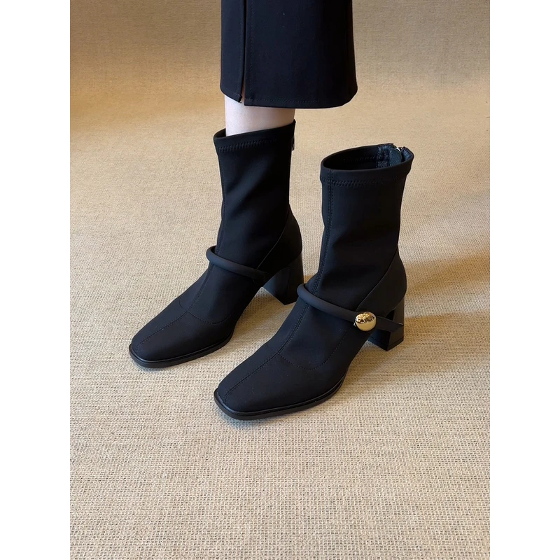 nnmiss·43-40/7cm气质方头弹力瘦瘦靴百搭复古后拉链金属搭扣短靴