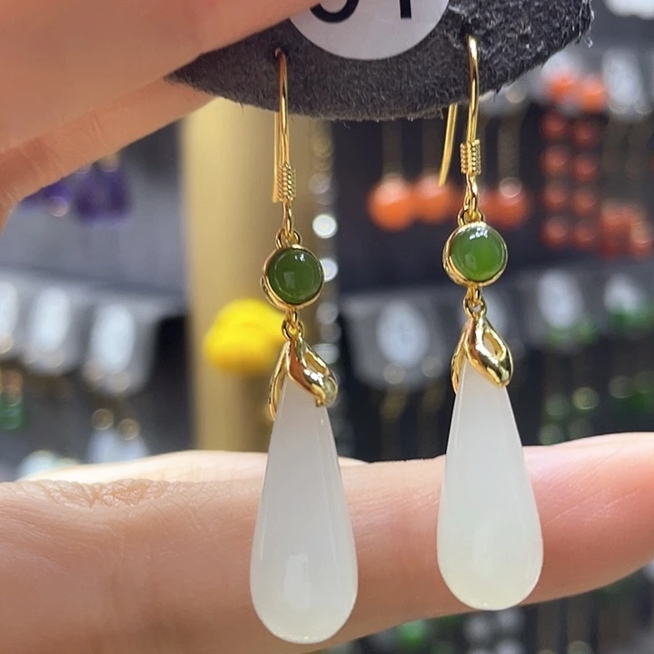 和田玉银S925镶嵌耳饰