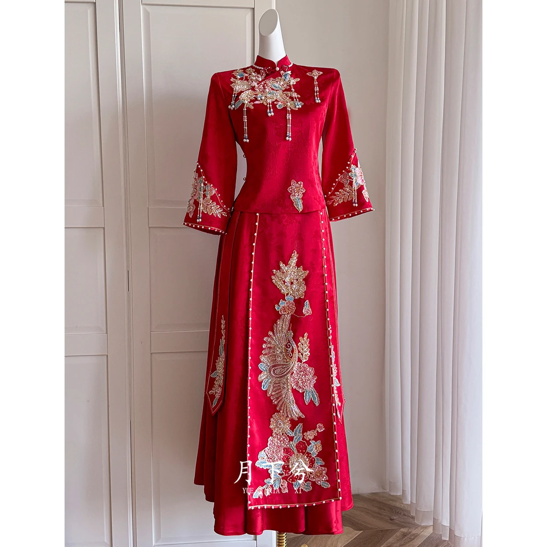【月下兮-忠然】新娘结婚订婚礼服红色高端敬酒服秀禾服中式长袖
