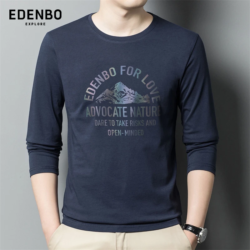 爱登堡男士长袖T恤春秋季薄款休闲宽松潮流印花圆领男式体恤上衣