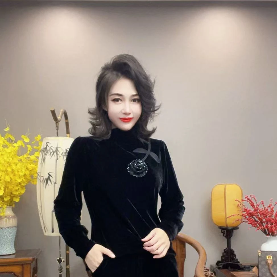 【峰姐甄选】时尚串珠玫瑰花丝绒衫7029【XBS】