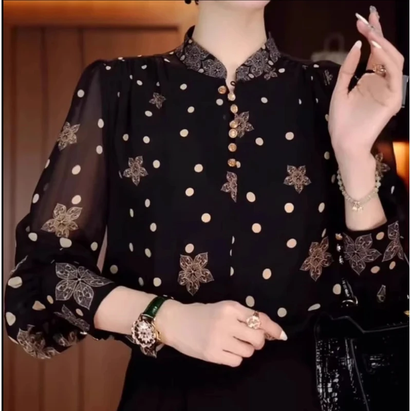 2025春秋夏印花修身款长袖波点时尚衬衫气质女士打底女装小衫0420