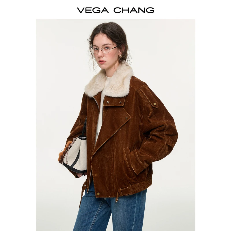 VEGA CHANG【绒棕叙暖】灯芯绒毛领外套2025新款冬翻领短外套0033LW
