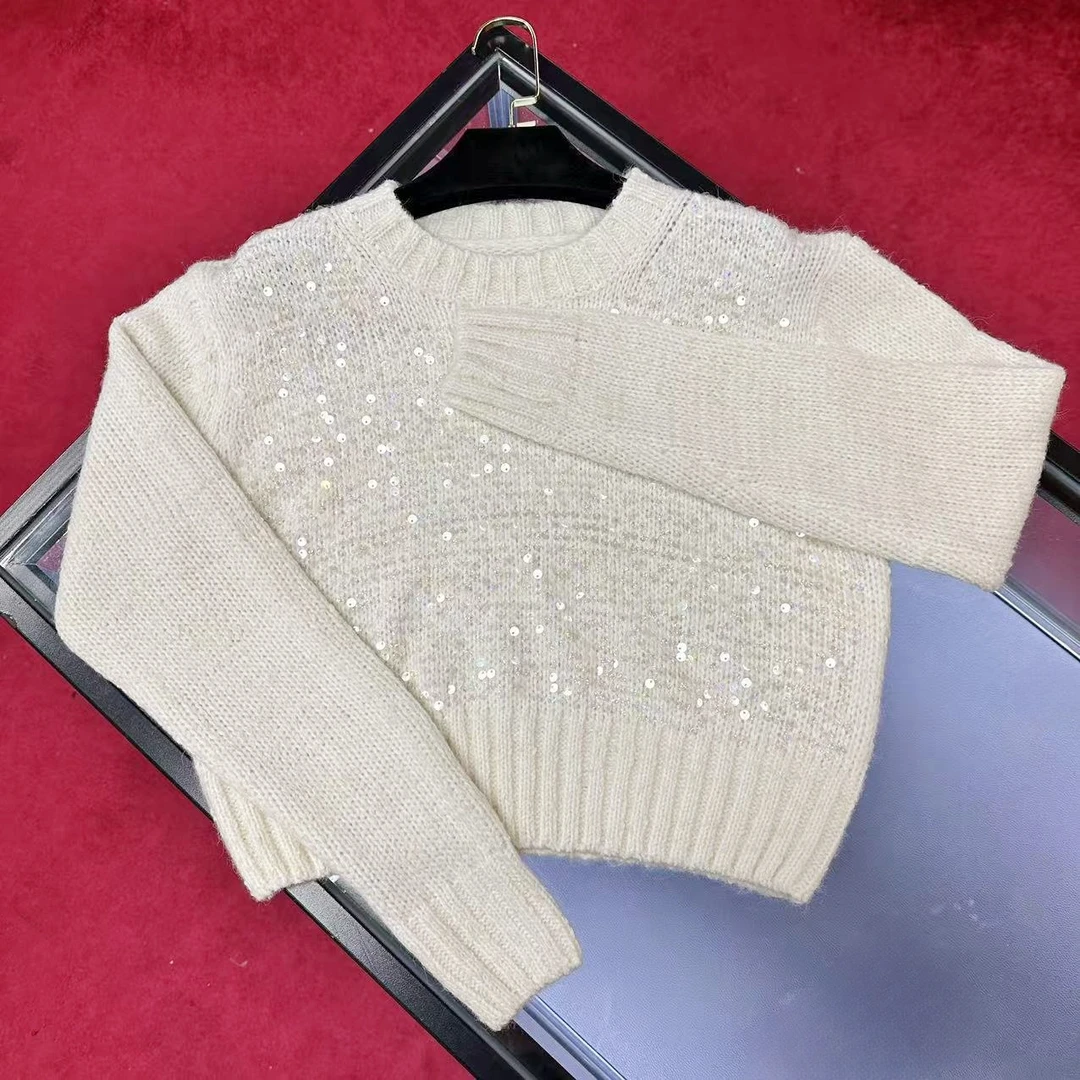 F405 重工手工亮片白色时尚圆领秋冬套头网红针织上衣