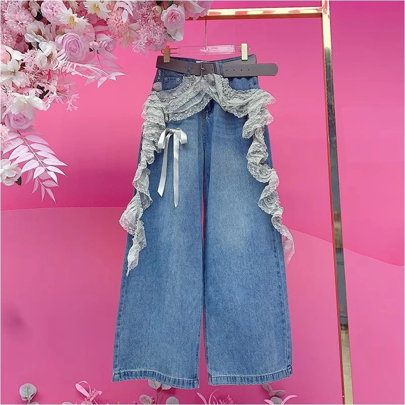 X21596欧美设计师2025早春新款拼接蕾丝花边蝴蝶结直筒休闲牛仔裤