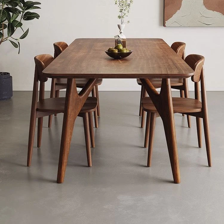 全实木胡桃色北欧原木餐桌家用小户型简约工作台饭桌洽谈一体茶桌