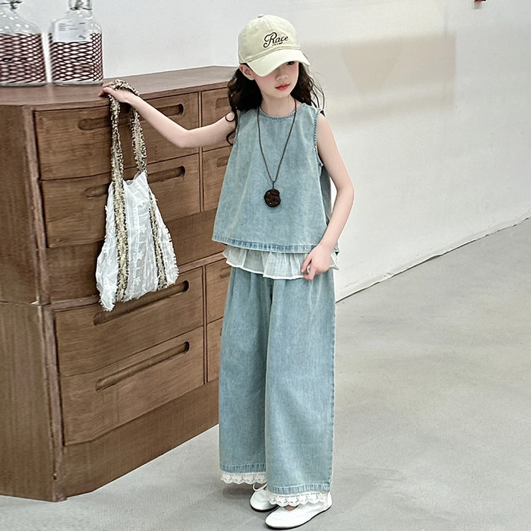 女童韩系套装夏季薄款洋气2025新款女大童洋气时髦无袖牛仔两件套