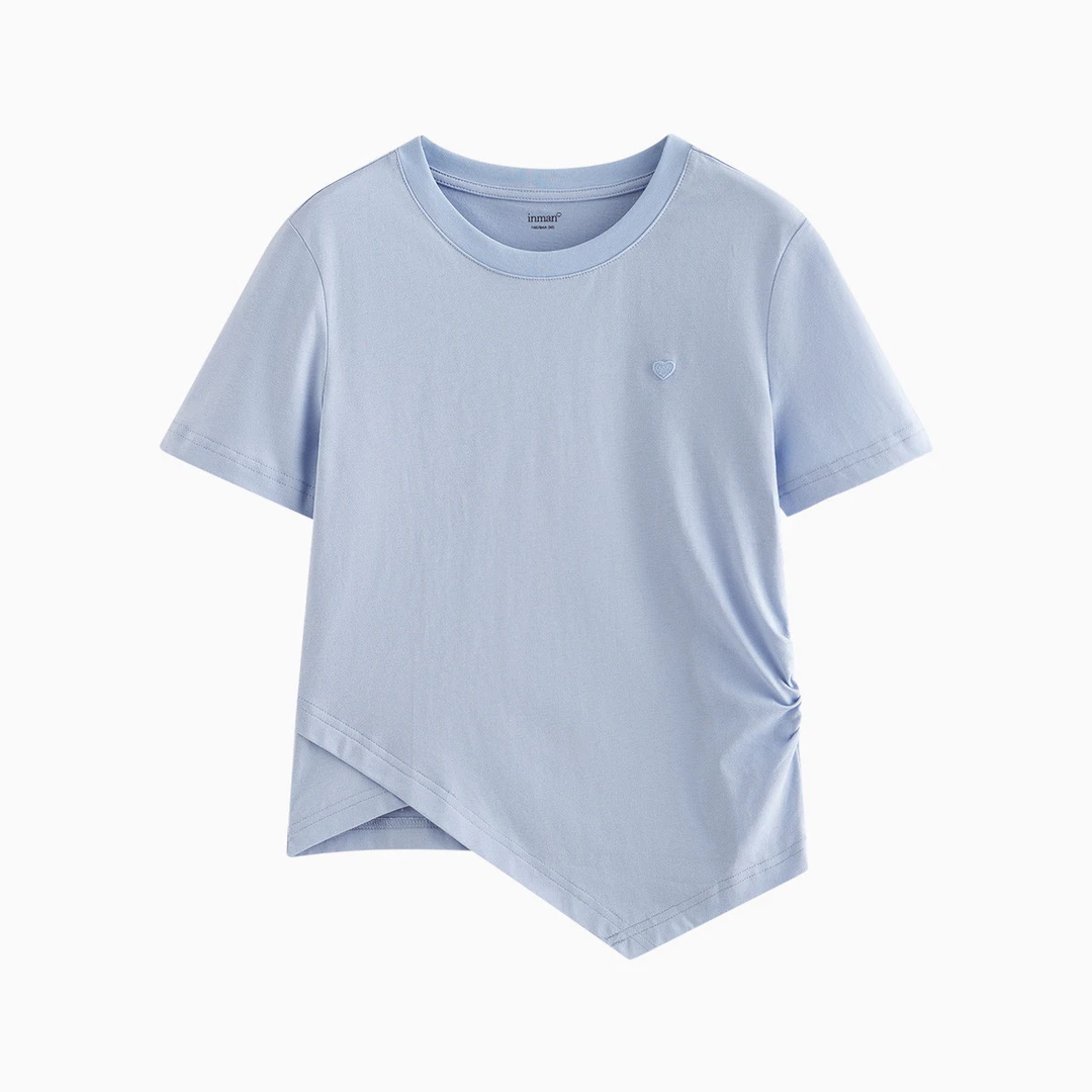 纯棉抽褶收腰不规则T恤女2025夏季时尚百搭简约休闲短袖上衣