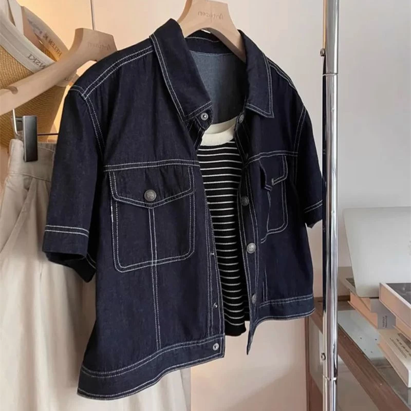 深蓝色短袖牛仔外套女春夏2025新款韩版宽松百搭短款夹克休闲上衣