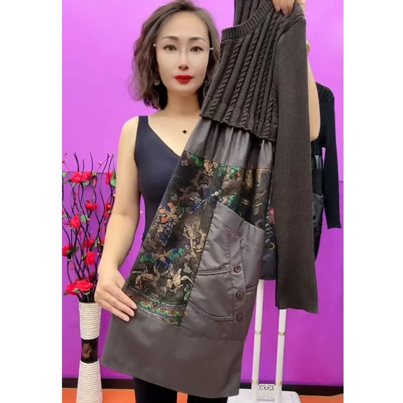 针织拼接水洗皮连衣裙女士秋冬时尚遮屁股显瘦气质款配大衣打底裙