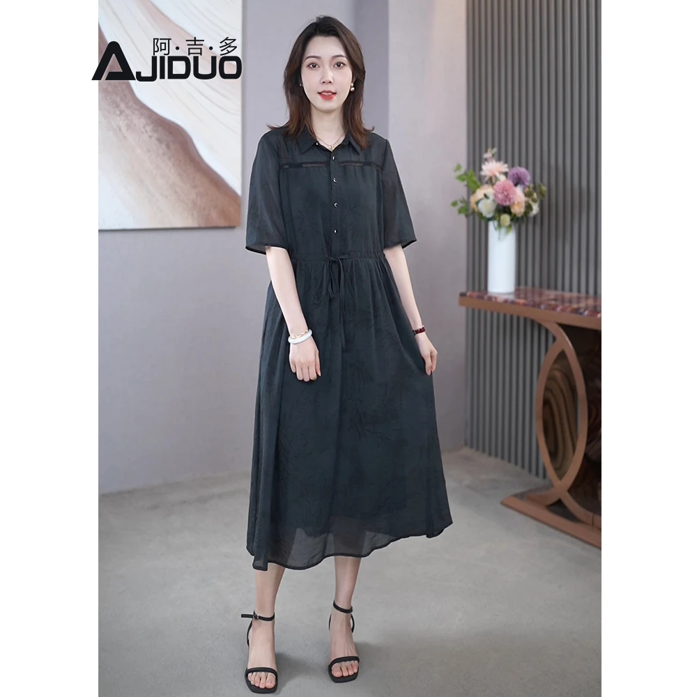 时尚洋气妈妈衬衫连衣裙2025夏季新款气质中长款大码宽松显瘦裙子